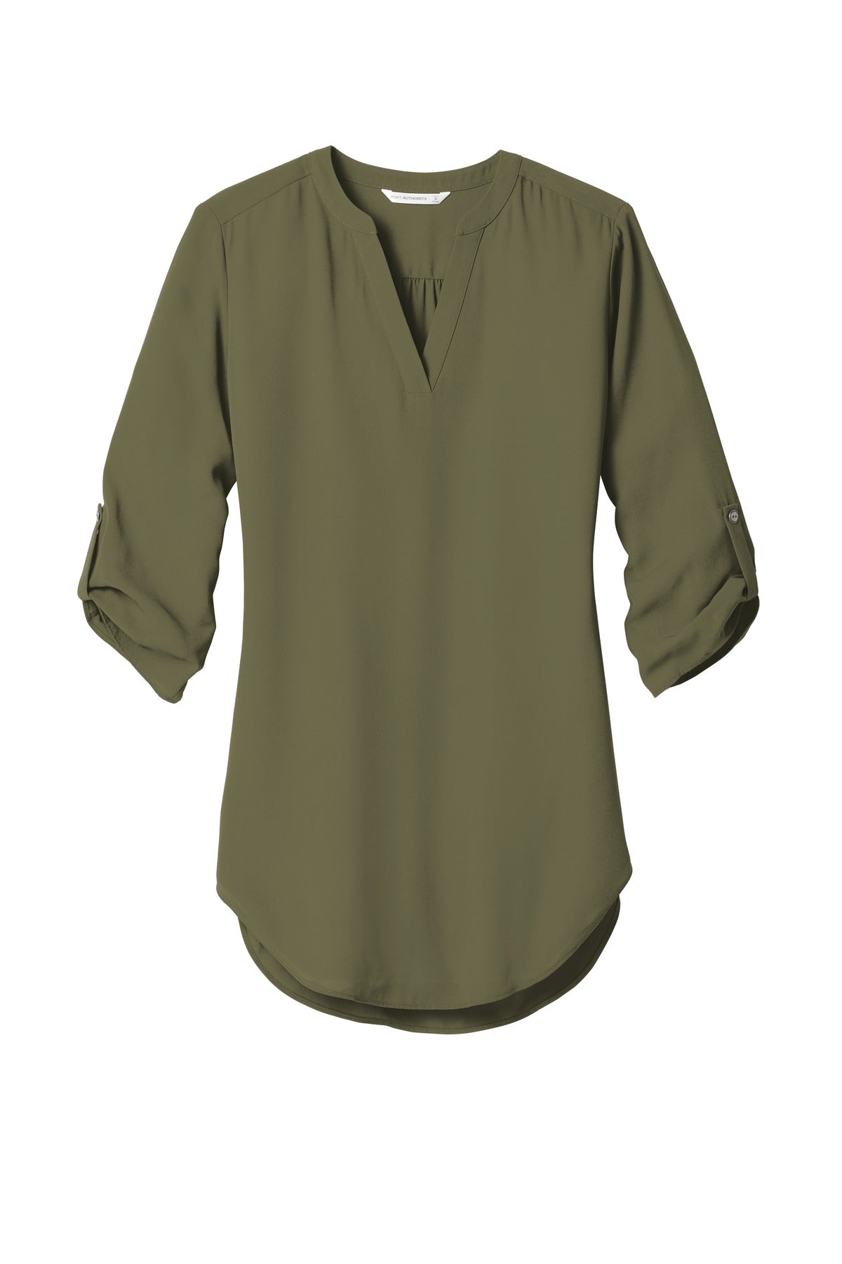 Front View of Deep Olive Port Authority Women's 3/4-Sleeve Tunic Blouse. LW701