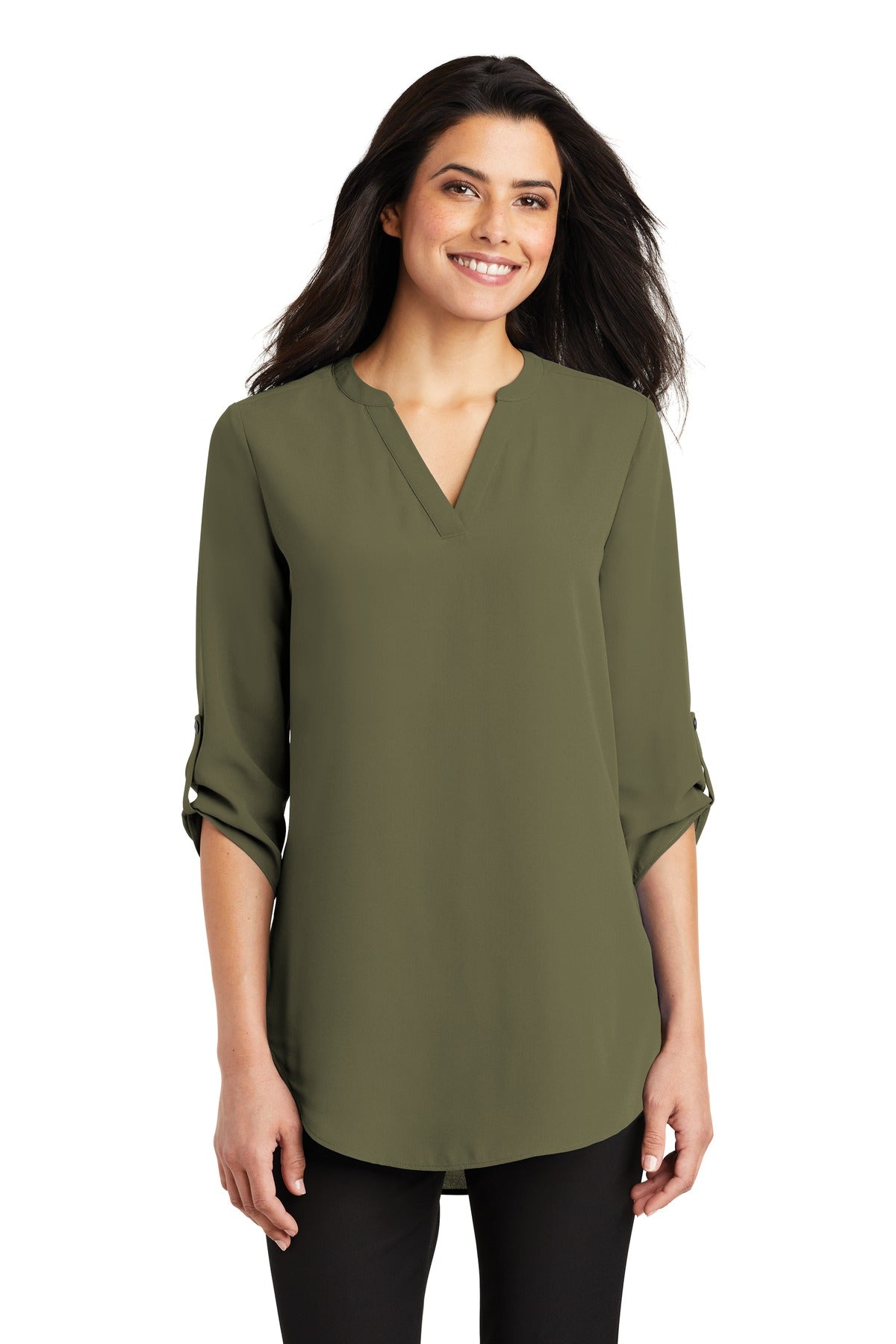 Front View of Deep Olive Port Authority Women's 3/4-Sleeve Tunic Blouse. LW701