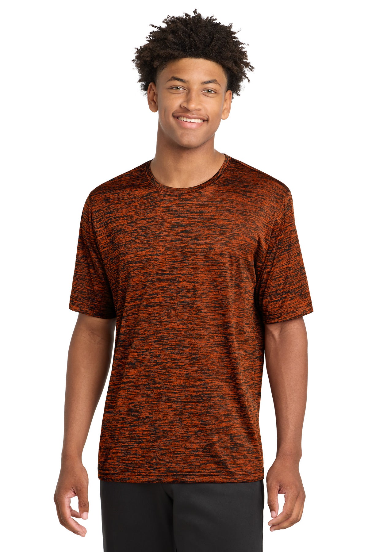 Front View of Deep Or-Blk El Sport-Tek PosiCharge Electric Heather Tee. ST390