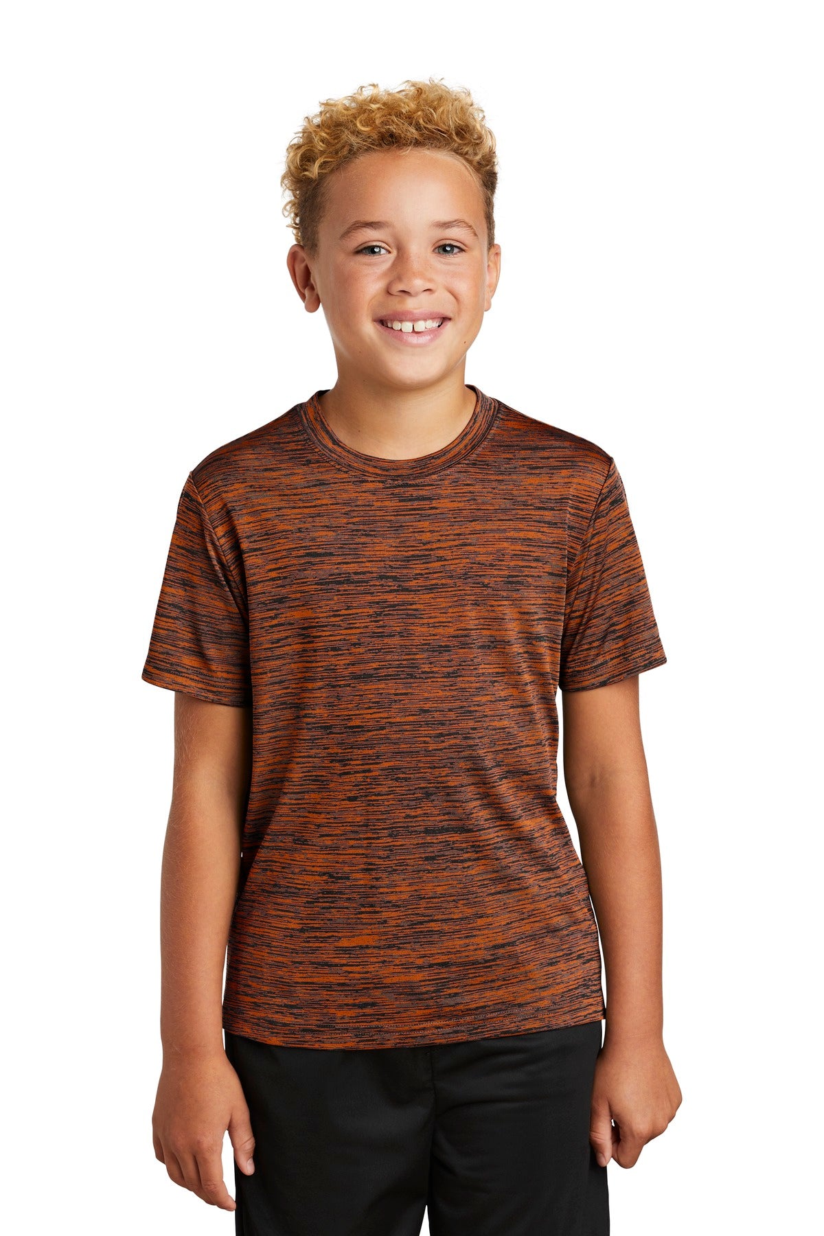 Front View of Deep Or-Blk El Sport-Tek Youth PosiCharge Electric Heather Tee. YST390
