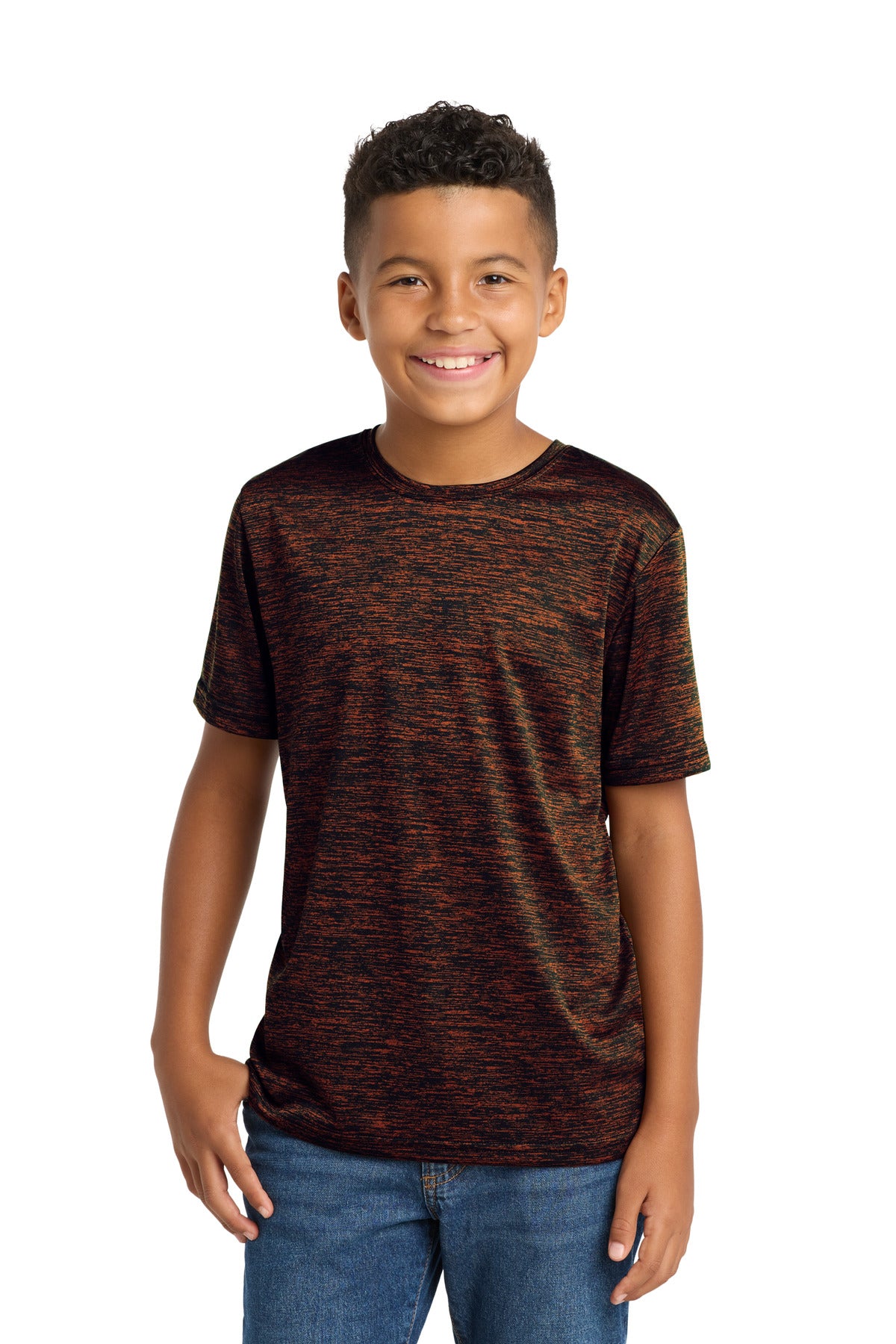 Front View of Deep Or-Blk El Sport-Tek Youth PosiCharge Electric Heather Tee. YST390