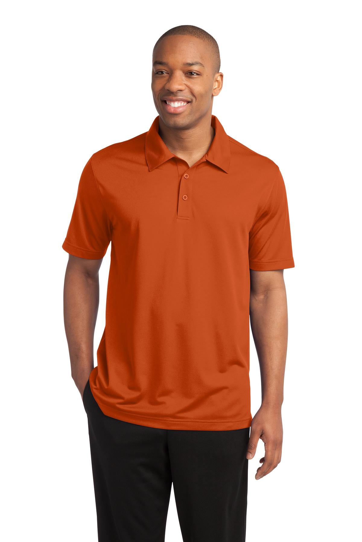 Front View of Deep Orange Sport-Tek PosiCharge Active Textured Polo. ST690