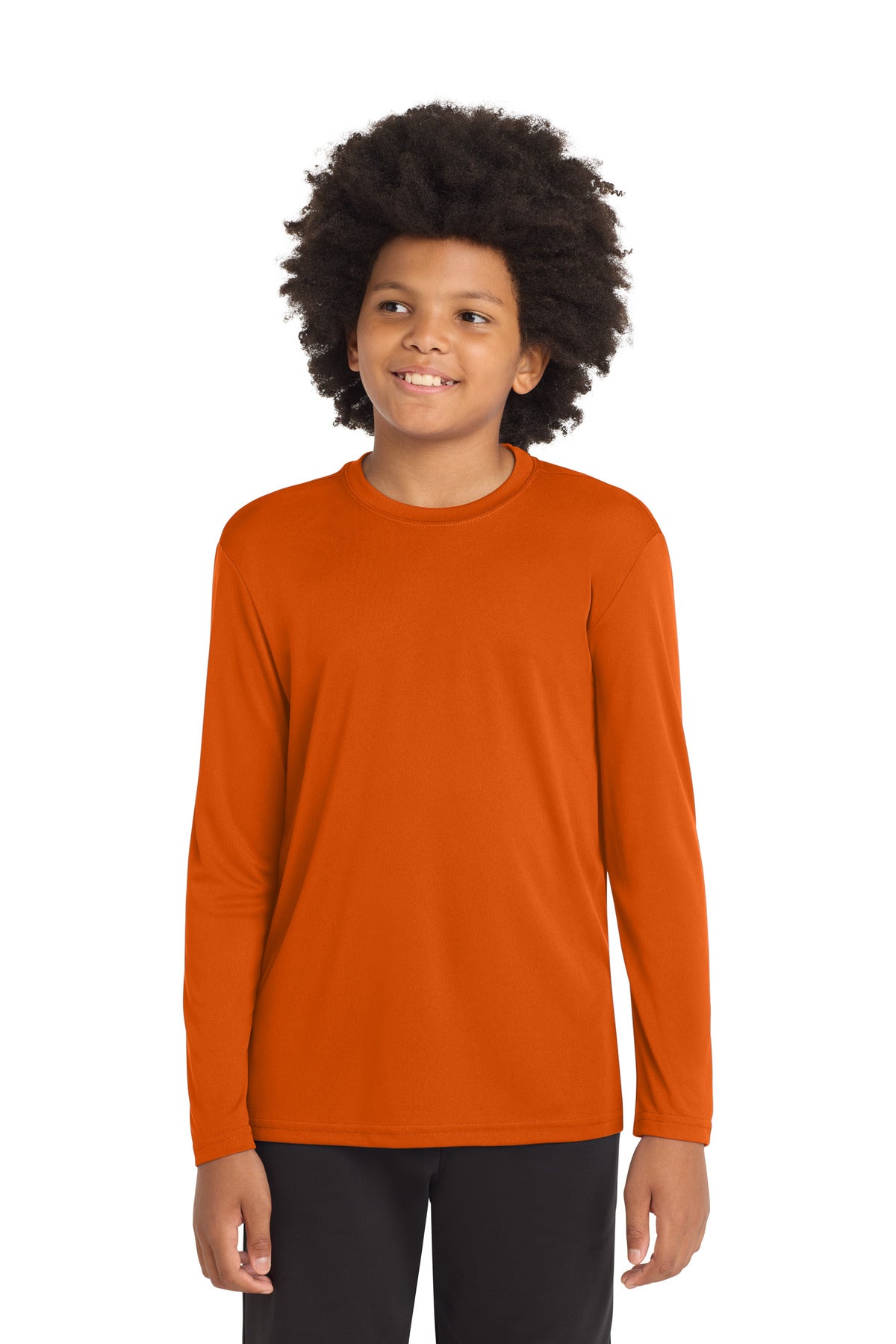 Front View of Deep Orange Sport-Tek Youth Long Sleeve PosiCharge Competitor Tee. YST350LS