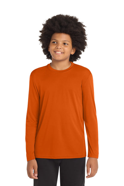 Front View of Deep Orange Sport-Tek Youth Long Sleeve PosiCharge Competitor Tee. YST350LS
