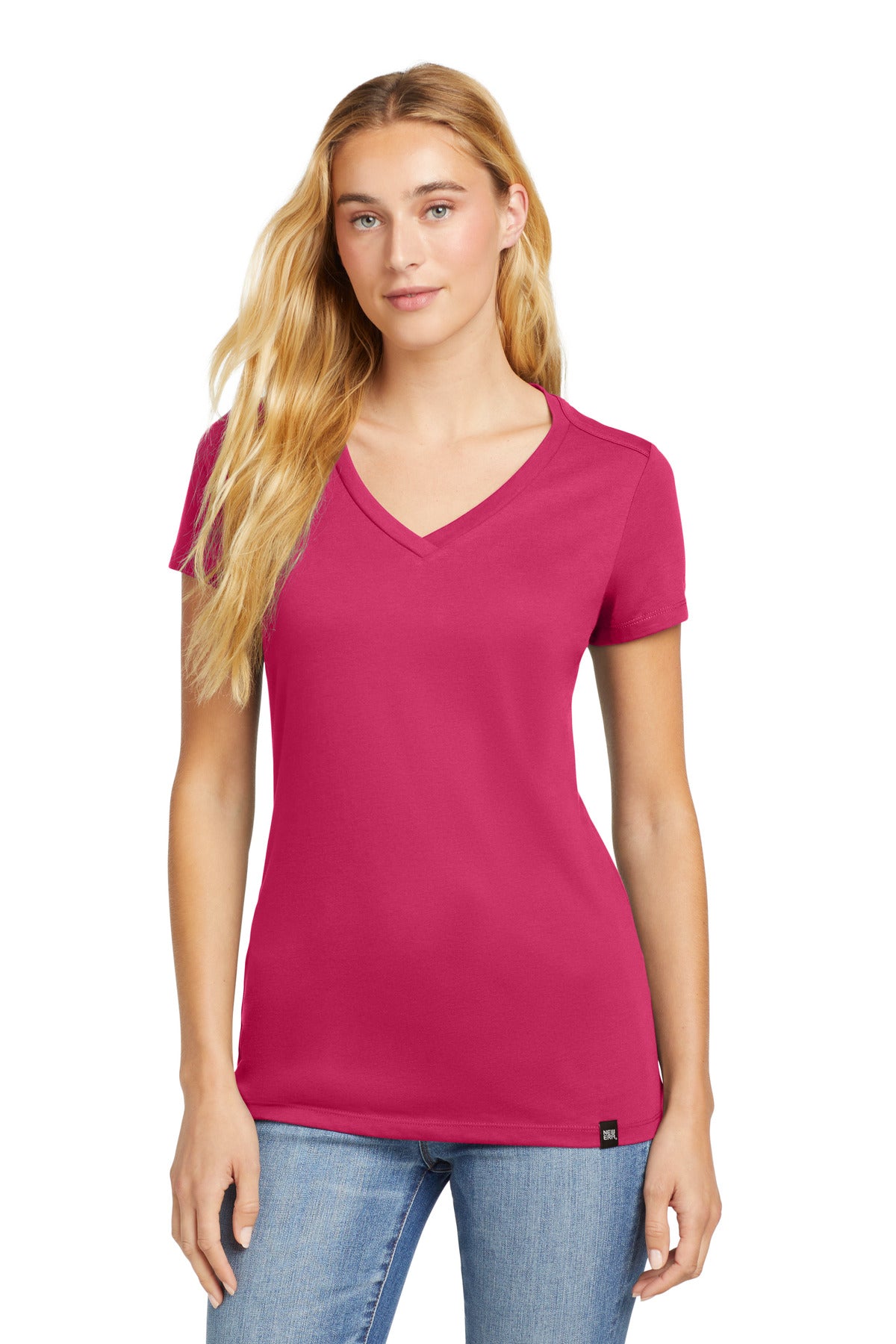 Front View of Deep Pink New Era Women's Heritage Blend V-Neck Tee. LNEA101