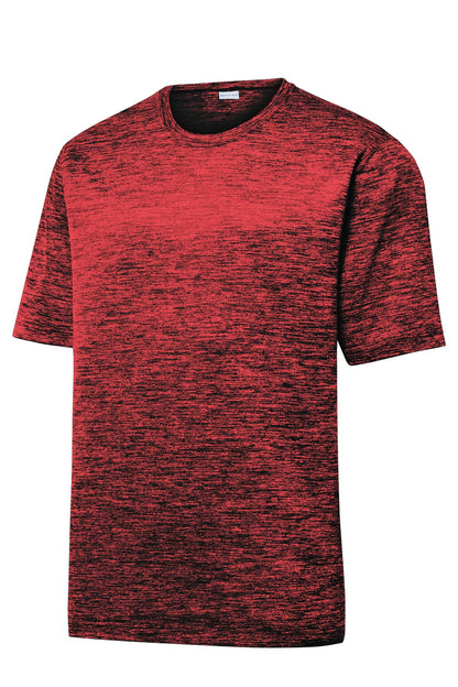 Front View of Deep Red-Blk E Sport-Tek PosiCharge Electric Heather Tee. ST390