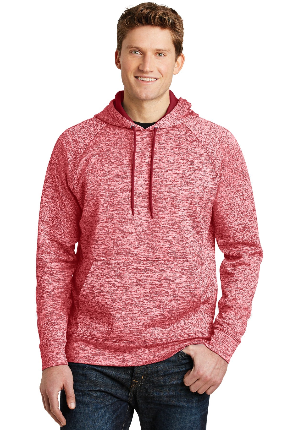 Front View of Deep Red Elect Sport-Tek PosiCharge Electric Heather Fleece Hooded Pullover. ST225