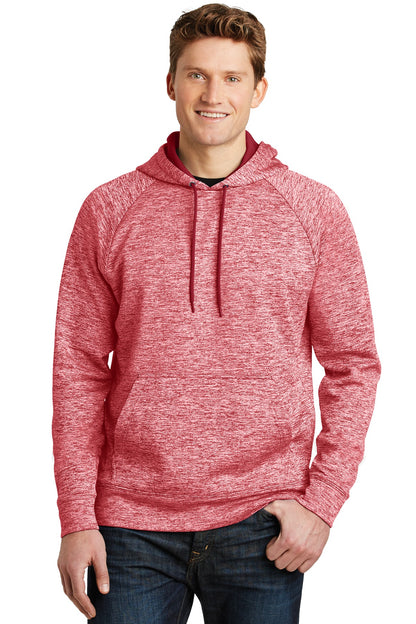 Front View of Deep Red Elect Sport-Tek PosiCharge Electric Heather Fleece Hooded Pullover. ST225