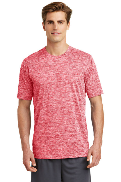 Front View of Deep Red Elect Sport-Tek PosiCharge Electric Heather Tee. ST390