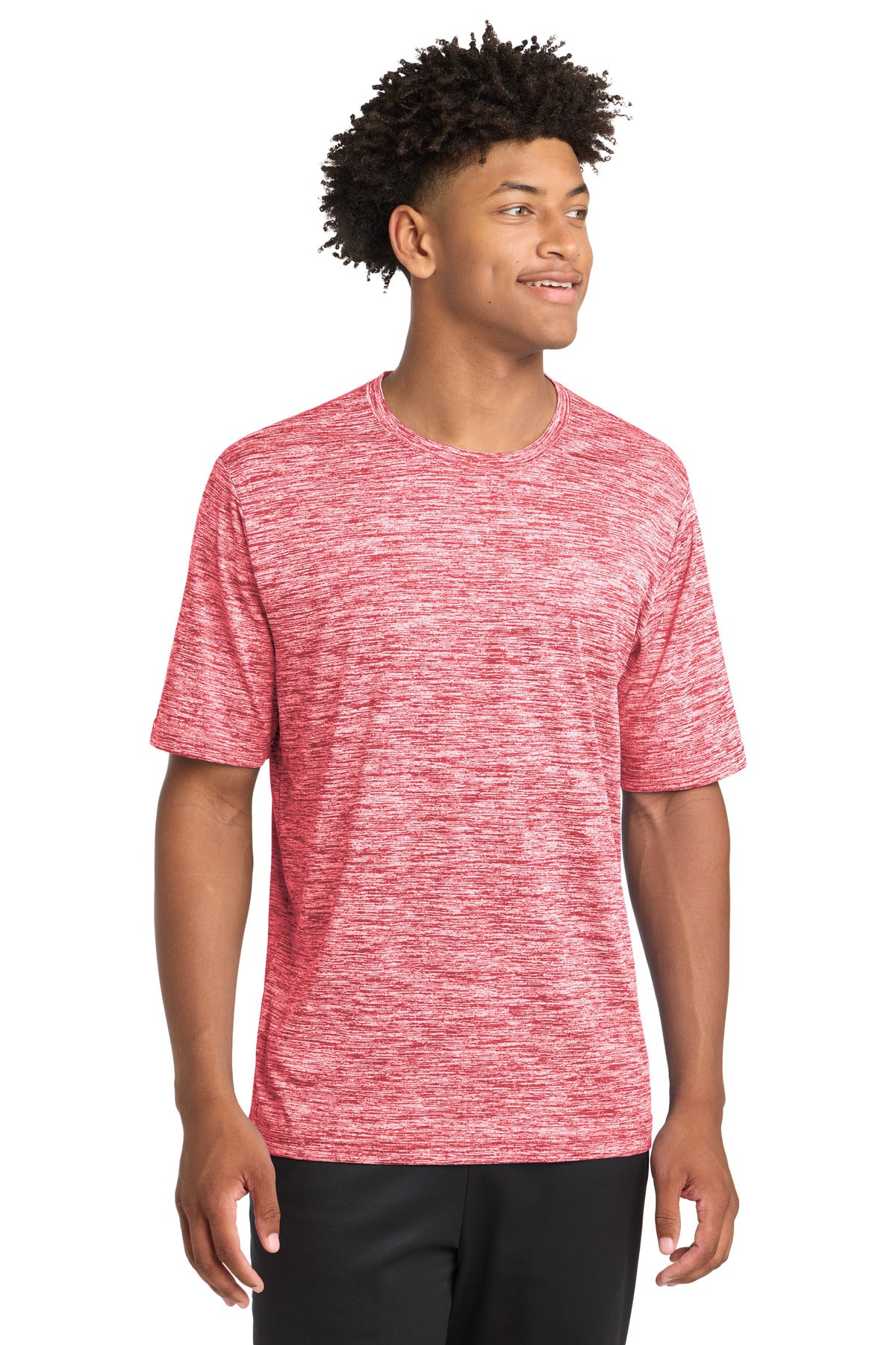 Front View of Deep Red Elect Sport-Tek PosiCharge Electric Heather Tee. ST390