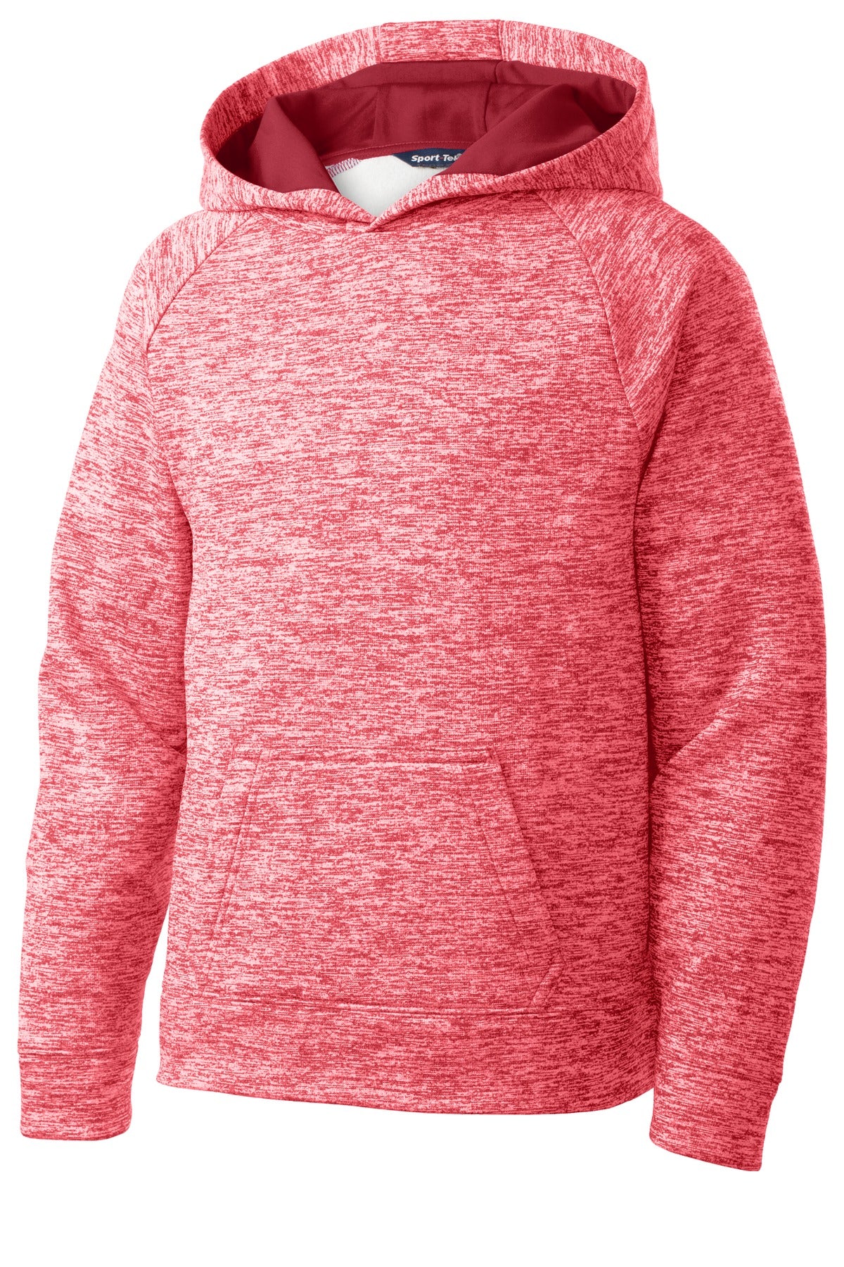 Front View of Deep Red Elect Sport-Tek Youth PosiCharge Electric Heather Fleece Hooded Pullover. YST225