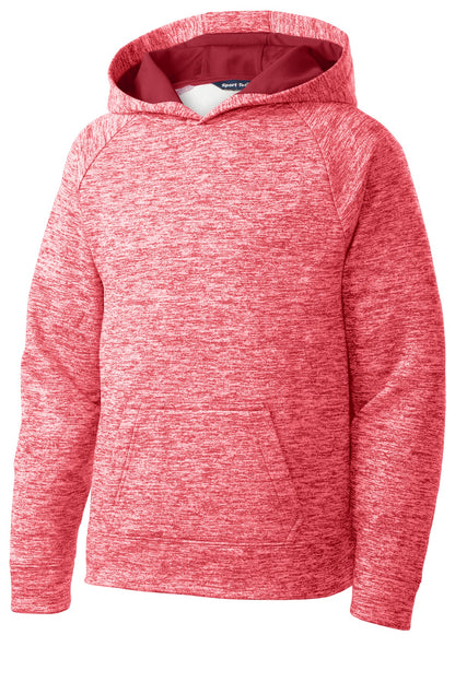 Front View of Deep Red Elect Sport-Tek Youth PosiCharge Electric Heather Fleece Hooded Pullover. YST225