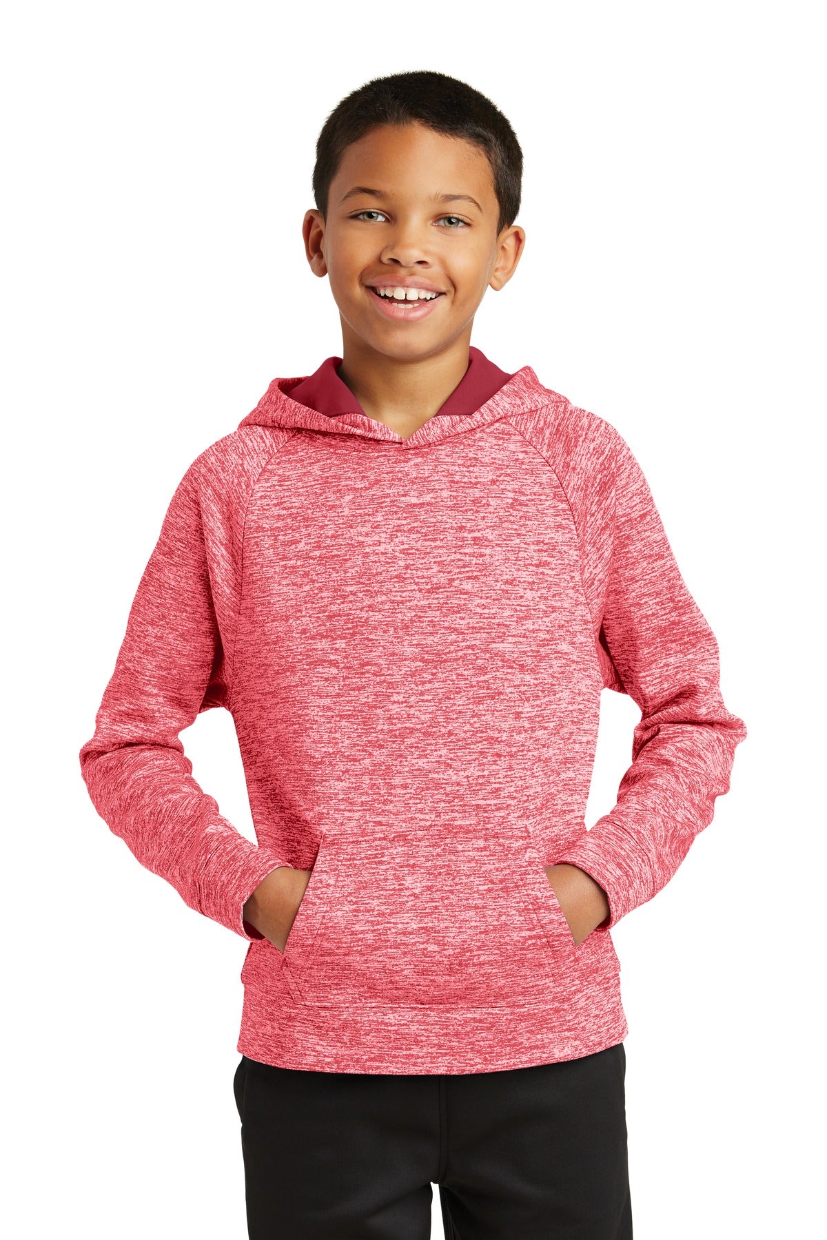 Front View of Deep Red Elect Sport-Tek Youth PosiCharge Electric Heather Fleece Hooded Pullover. YST225