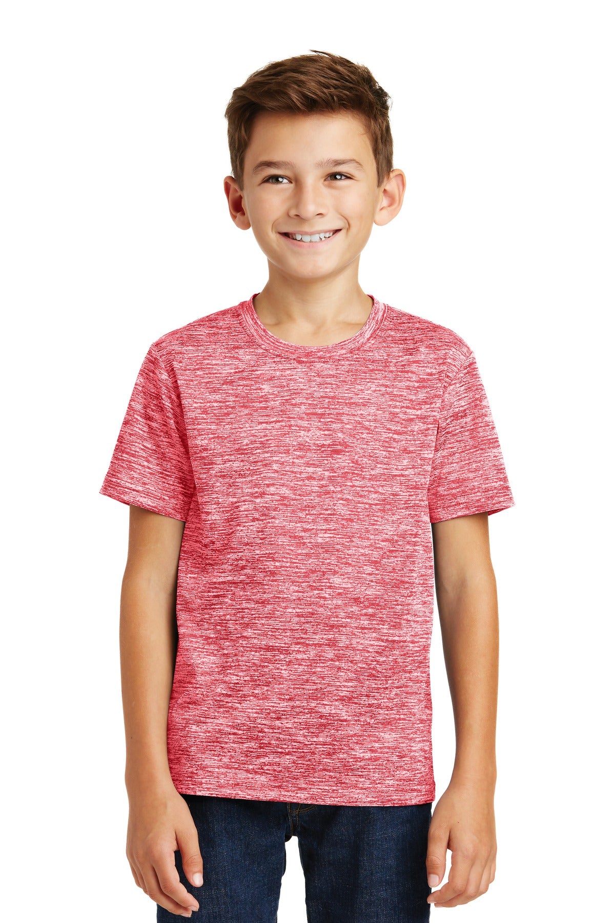 Front View of Deep Red Elect Sport-Tek Youth PosiCharge Electric Heather Tee. YST390