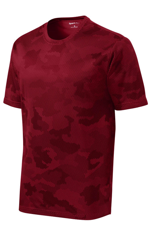 Front View of Deep Red Sport-Tek CamoHex Tee. ST370