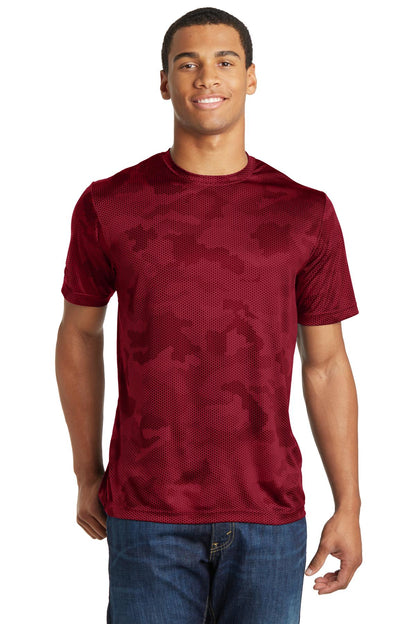 Front View of Deep Red Sport-Tek CamoHex Tee. ST370
