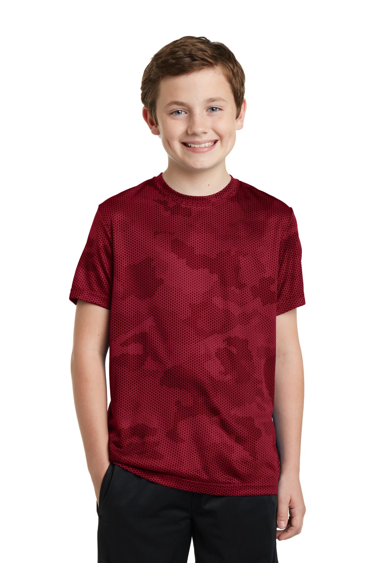 Front View of Deep Red Sport-Tek Youth CamoHex Tee. YST370