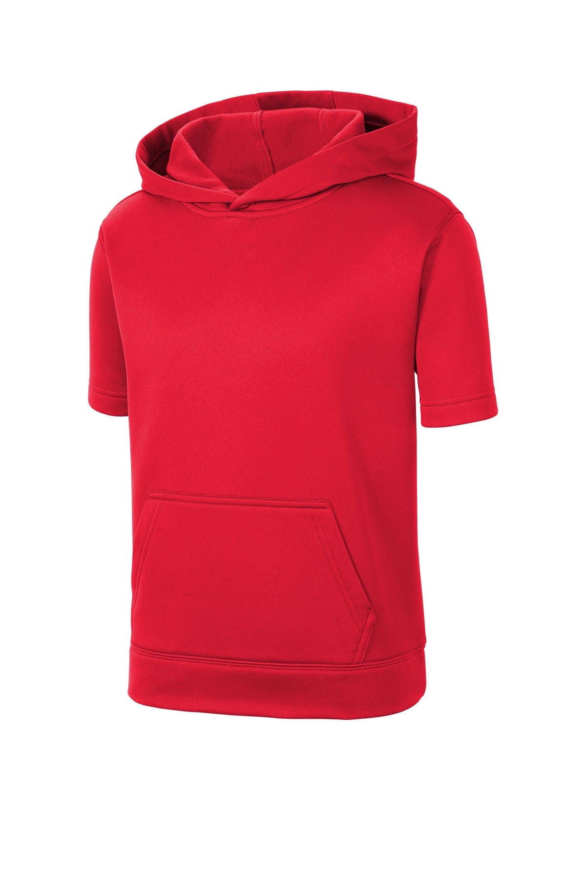 Front View of Deep Red Sport-Tek Youth Sport-Wick Fleece Short Sleeve Hooded Pullover. YST251