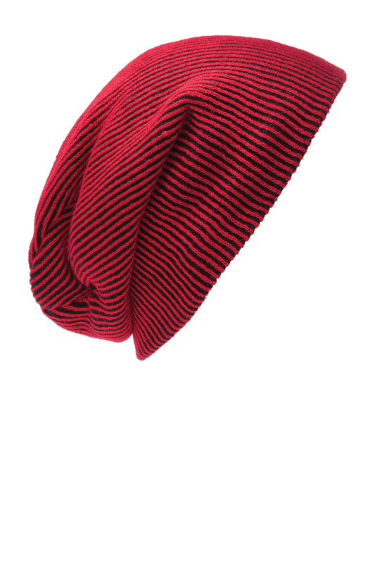 Front View of Deep Red/Black Port Authority Rib Knit Slouch Beanie. C935
