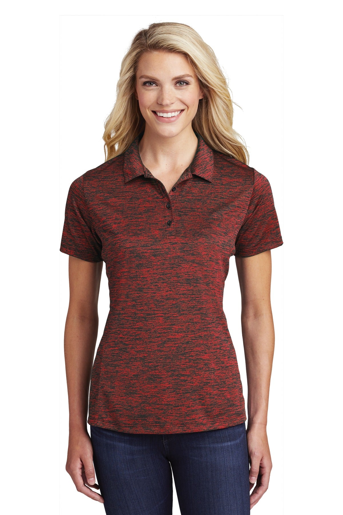 Front View of Deep Red/Blk E Sport-Tek Women's PosiCharge Electric Heather Polo. LST590