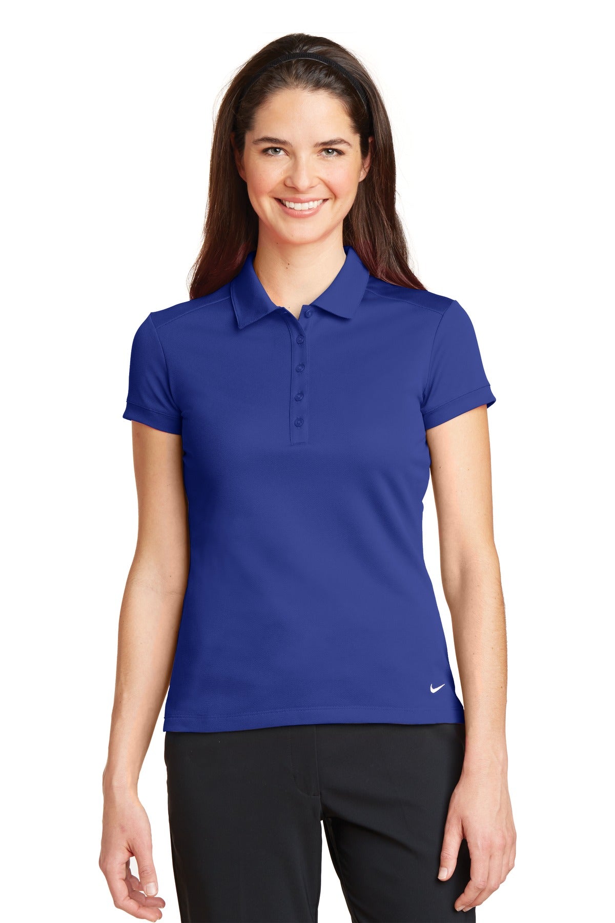 Front View of Deep Royal Blu Nike Women's Dri-FIT Solid Icon Pique Modern Fit Polo. 746100