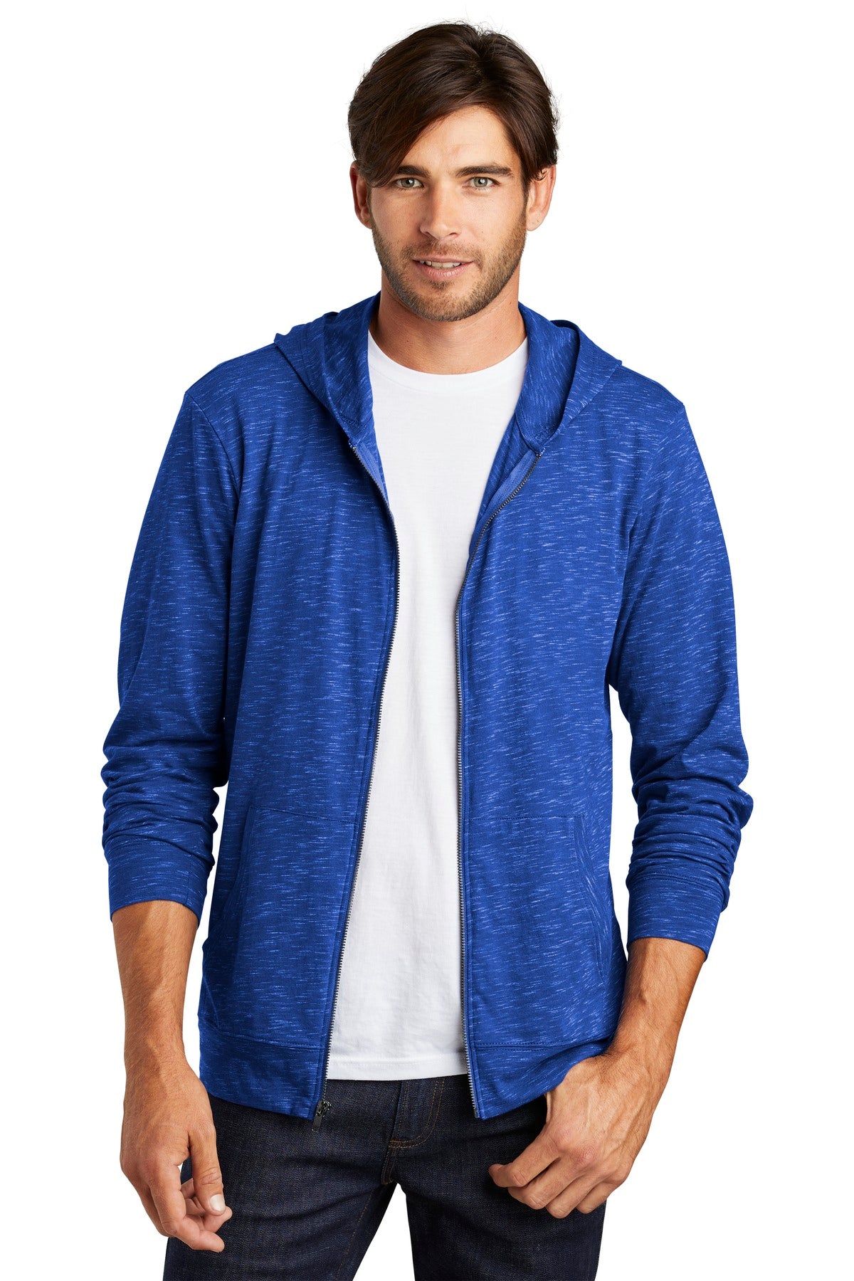 Front View of Deep Royal District Medal Full-Zip Hoodie. DT565
