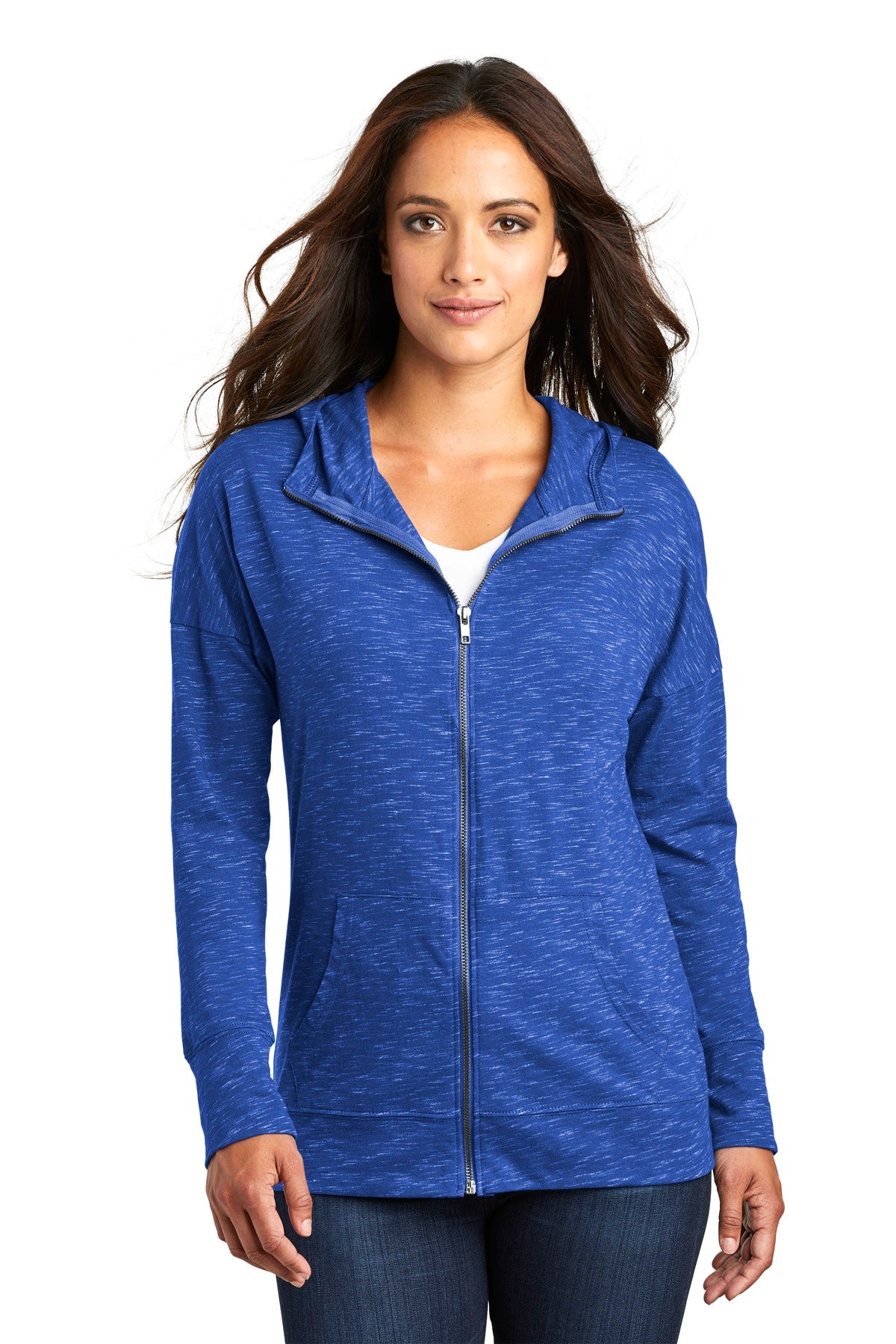 Front View of Deep Royal District Women's Medal Full-Zip Hoodie. DT665