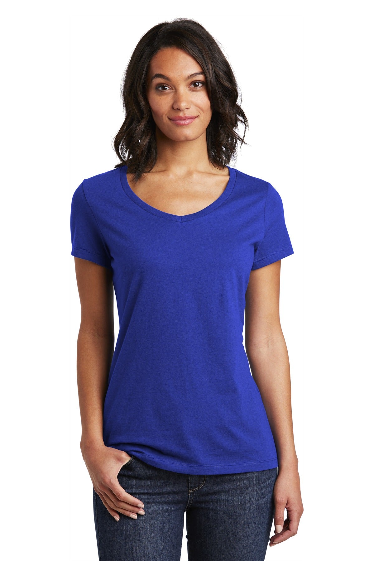 Front View of Deep Royal District Women's Very Important Tee V-Neck. DT6503