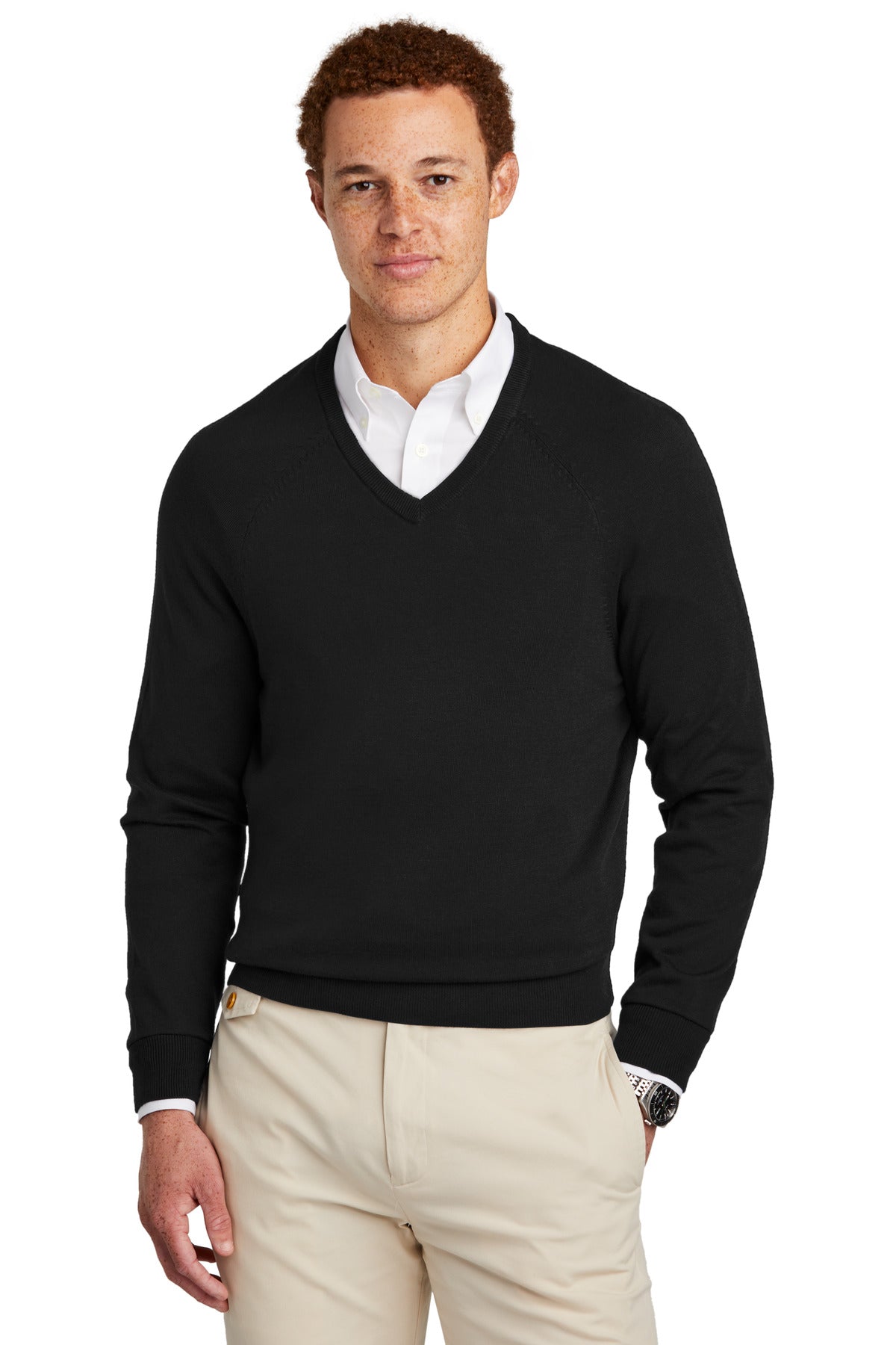 Front View of DeepBlack Brooks Brothers Cotton Stretch V-Neck Sweater BB18400