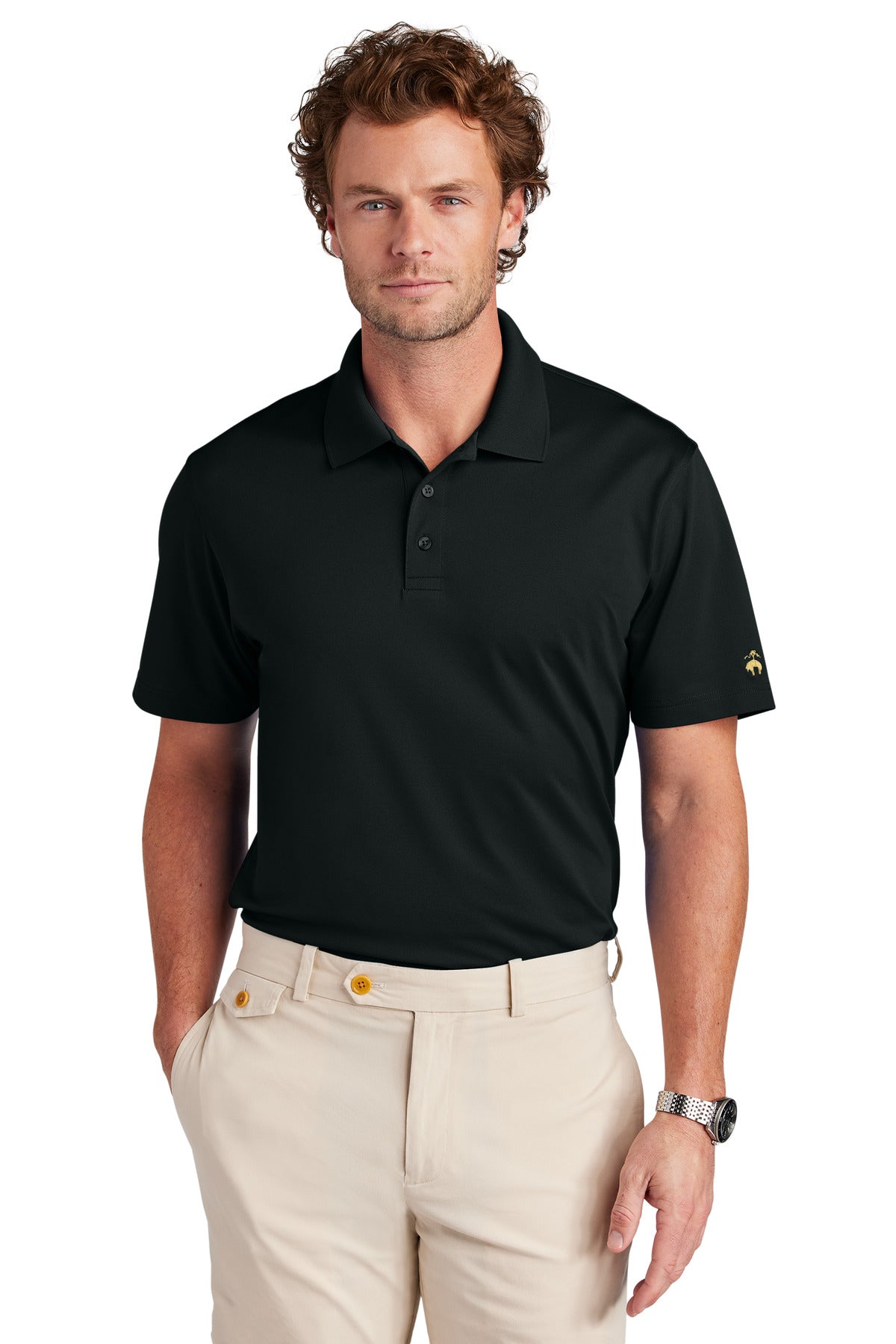 Front View of DeepBlack Brooks Brothers Mesh Pique Performance Polo BB18220