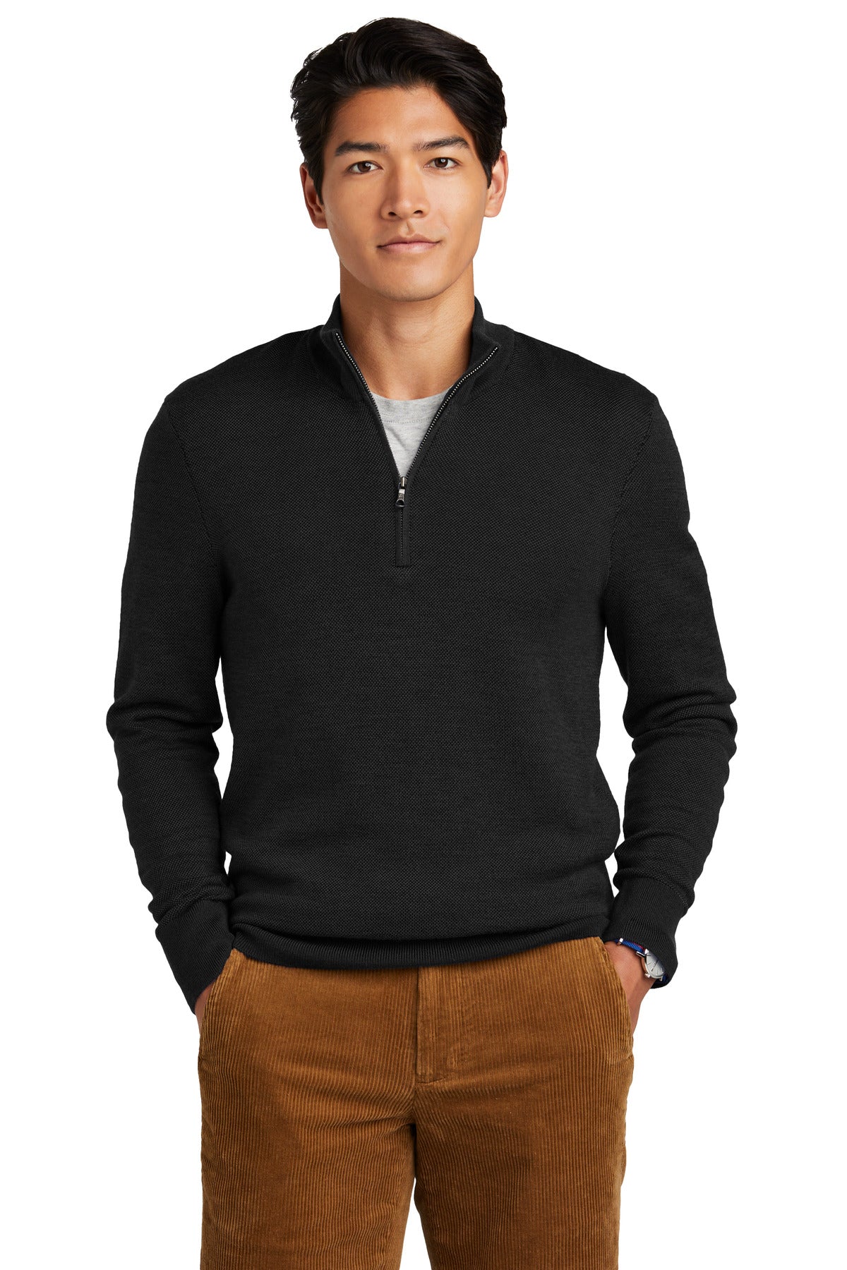 Front View of DeepBlack Brooks Brothers Washable Merino Birdseye 1/4-Zip Sweater BB18412