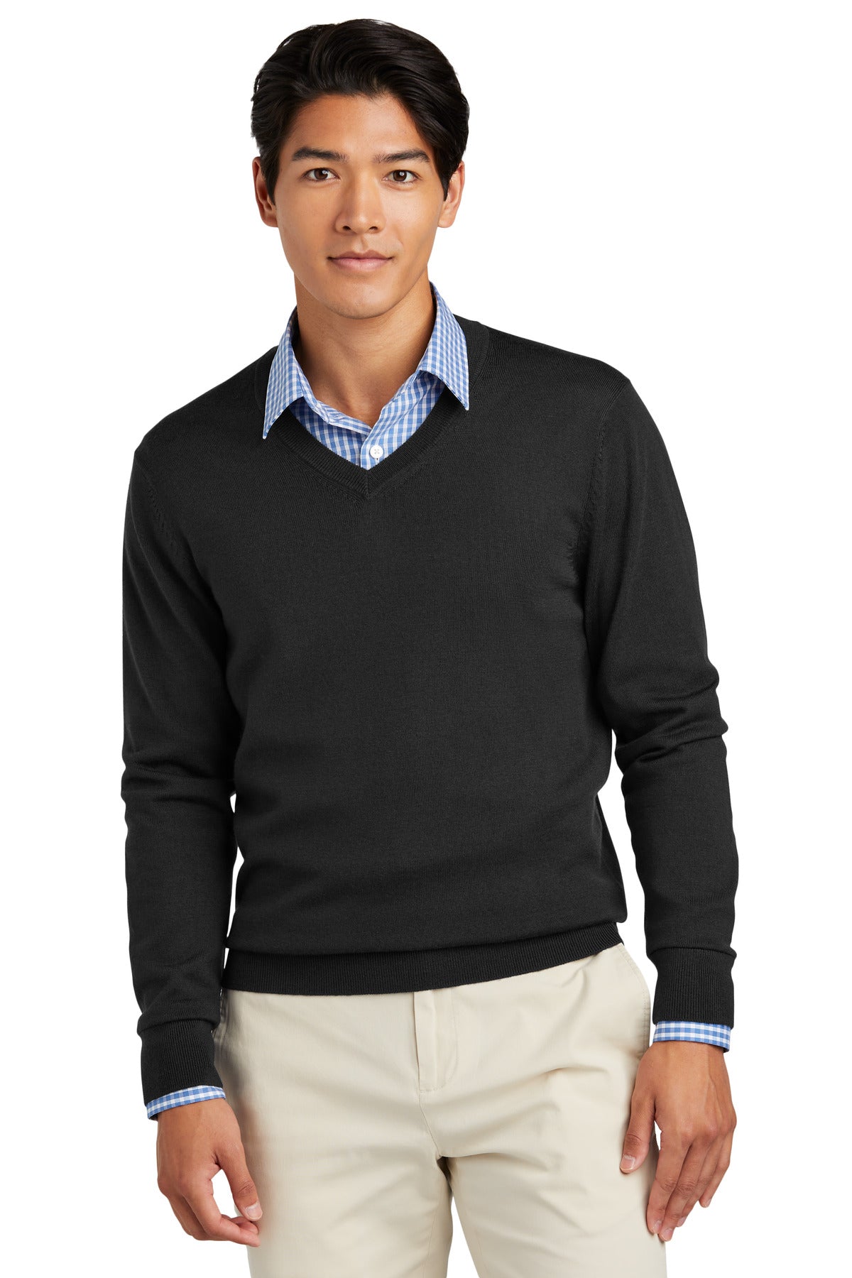 Front View of DeepBlack Brooks Brothers Washable Merino V-Neck Sweater BB18410