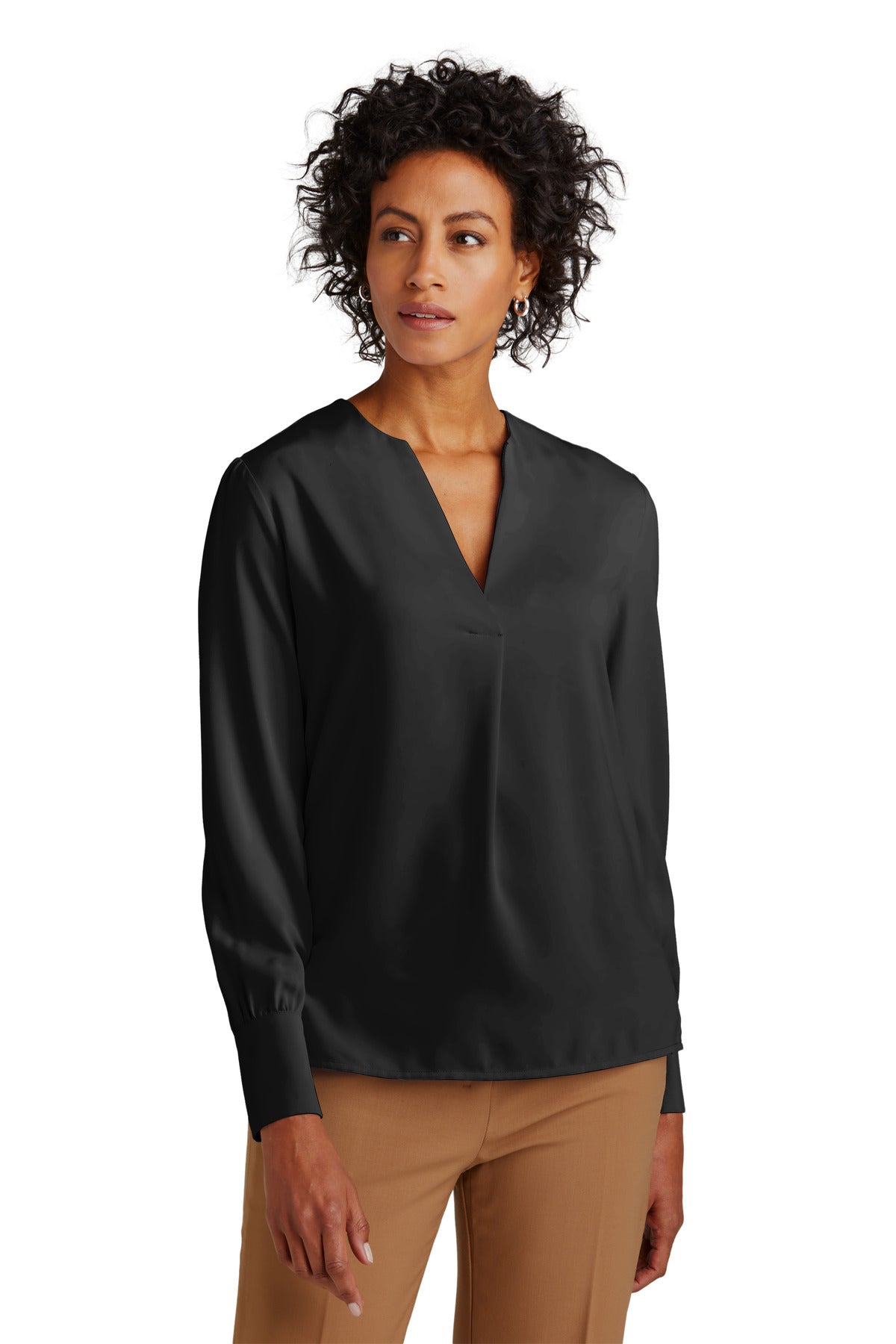 Front View of DeepBlack Brooks Brothers Women's Open-Neck Satin Blouse BB18009