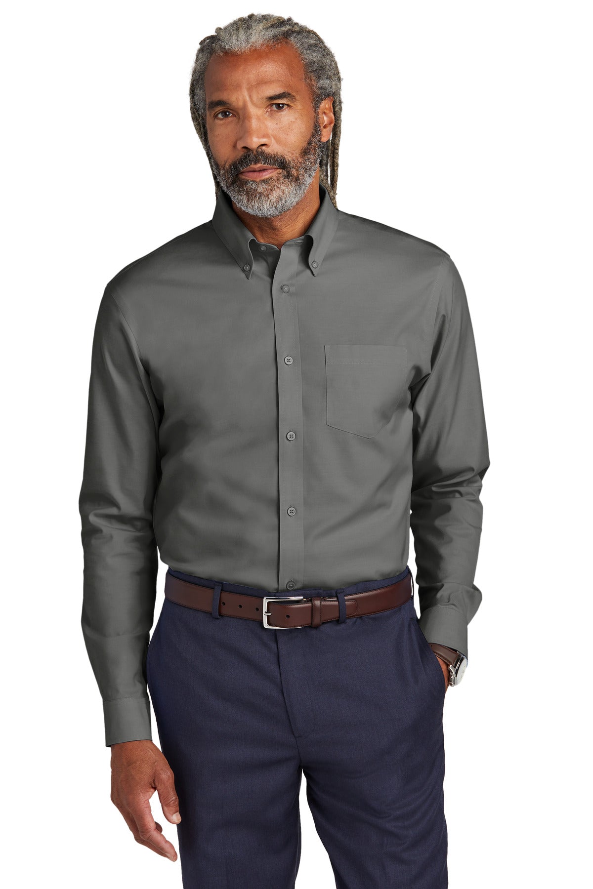 Front View of DeepBlack Brooks Brothers Wrinkle-Free Stretch Pinpoint Shirt BB18000