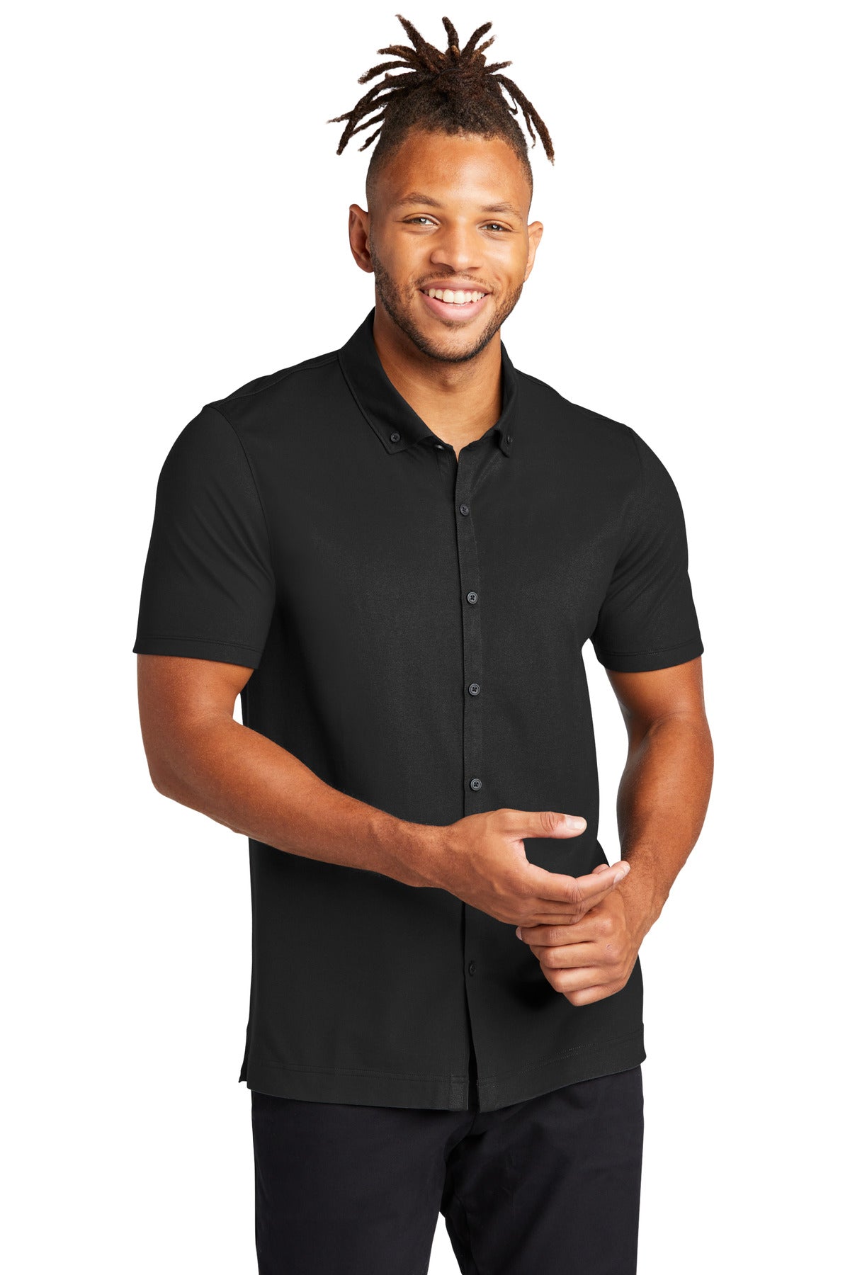 Front View of DeepBlack Mercer+Mettle Stretch Pique Full-Button Polo MM1006