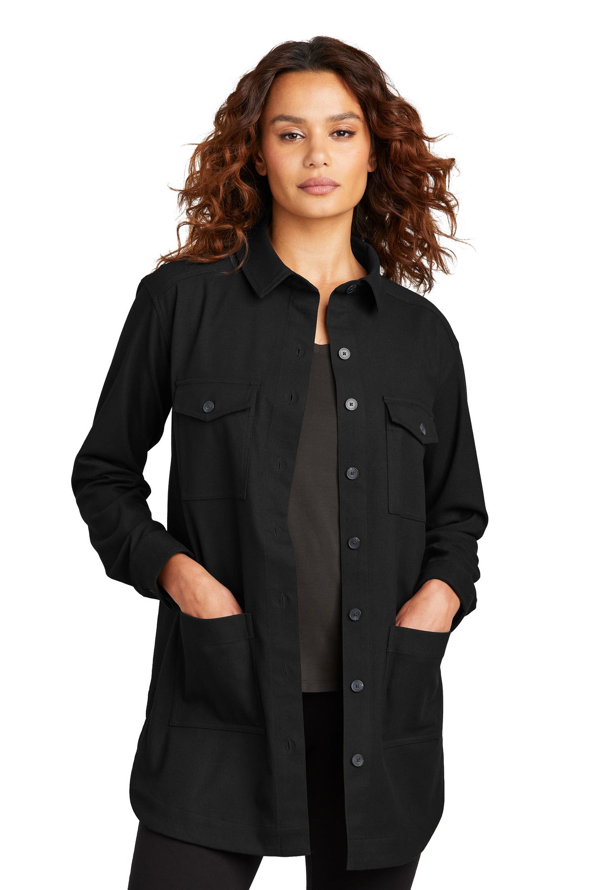 Front View of DeepBlack Mercer+Mettle Women's Long Sleeve Twill Overshirt MM2021