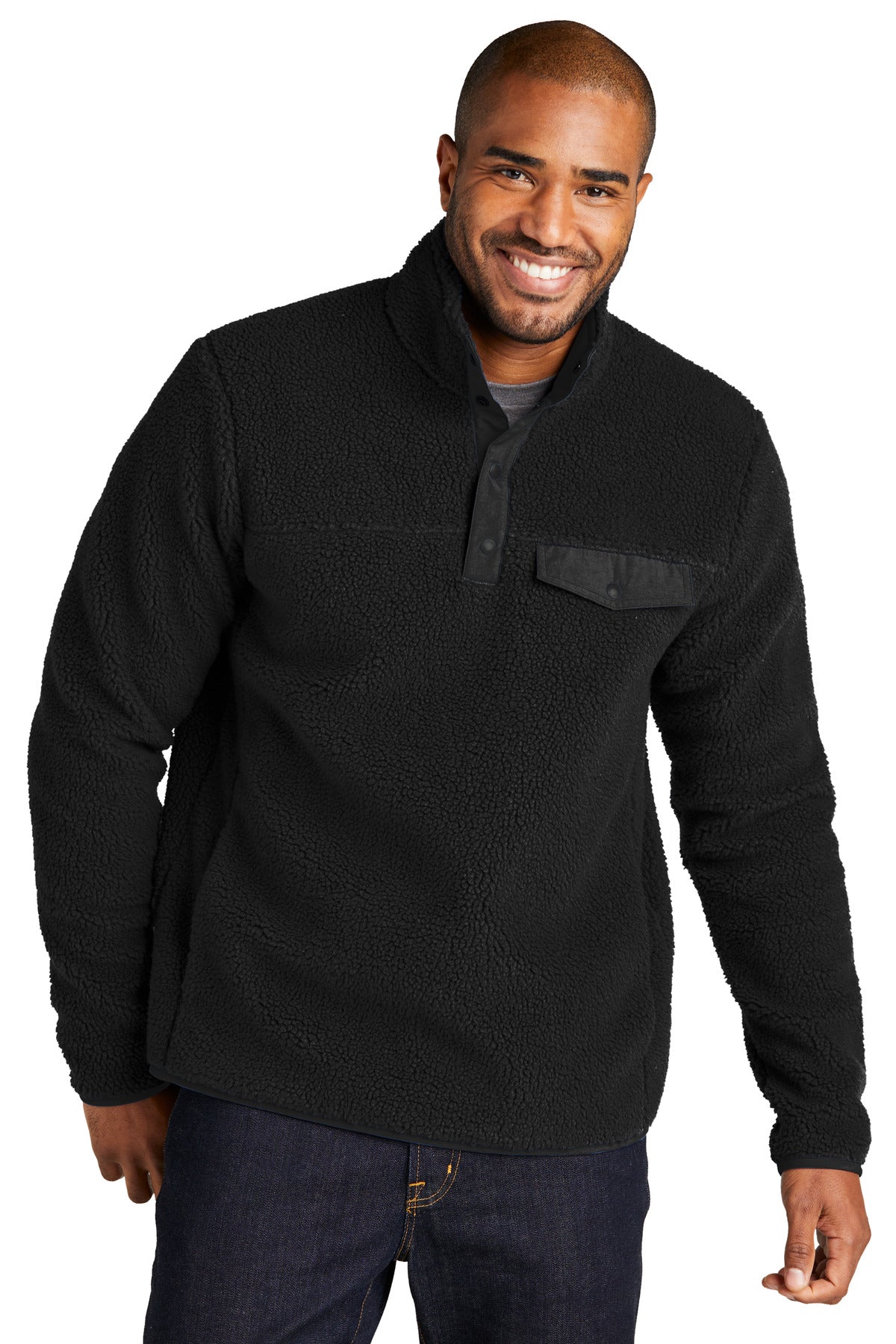 Front View of DeepBlack Port Authority Camp Fleece Snap Pullover F140