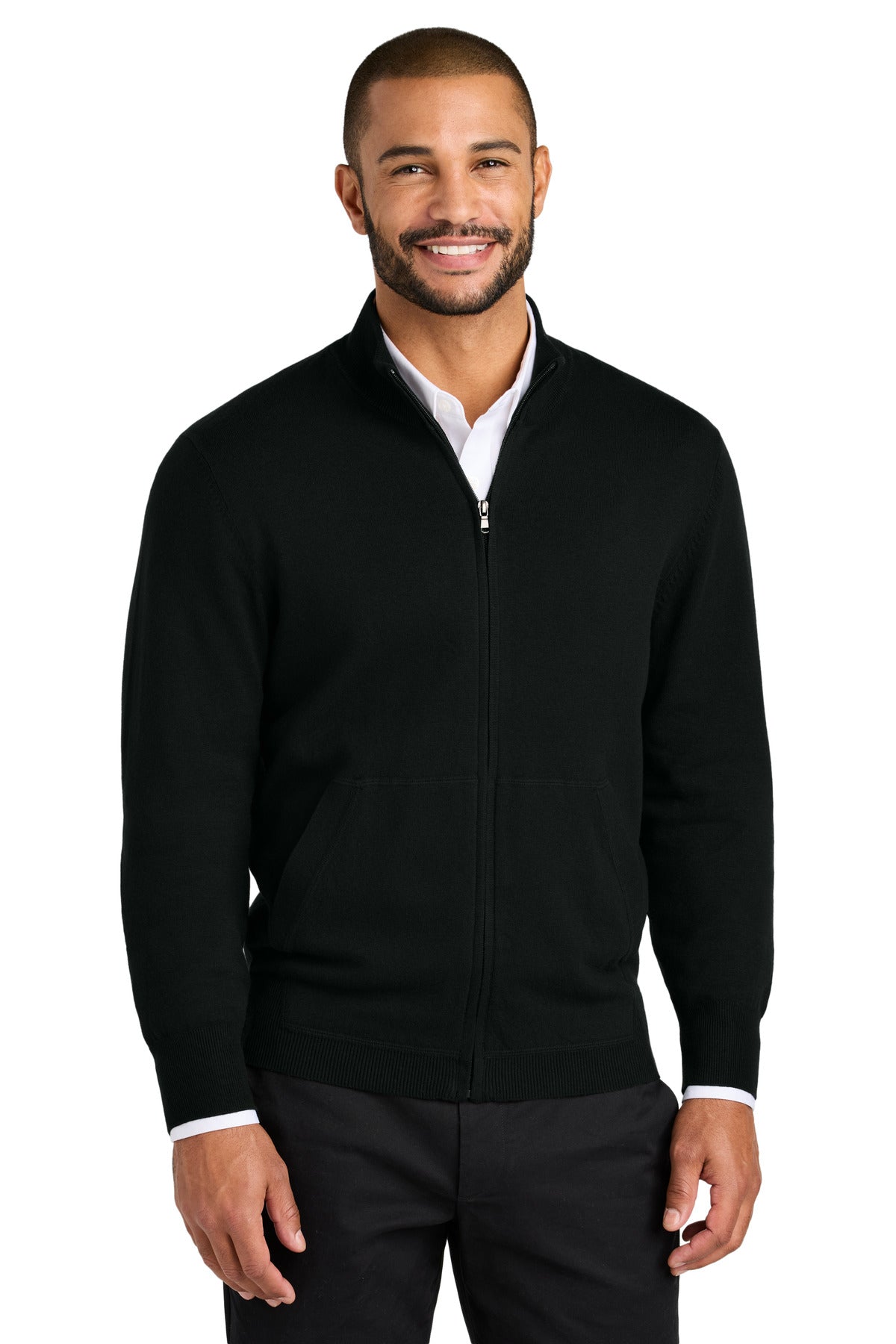 Front View of DeepBlack Port Authority Easy Care Full-Zip Sweater SW2901