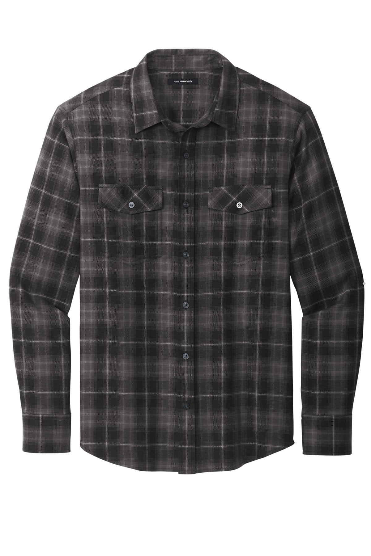 Front View of DeepBlack Port Authority Long Sleeve Ombre Plaid Shirt W672