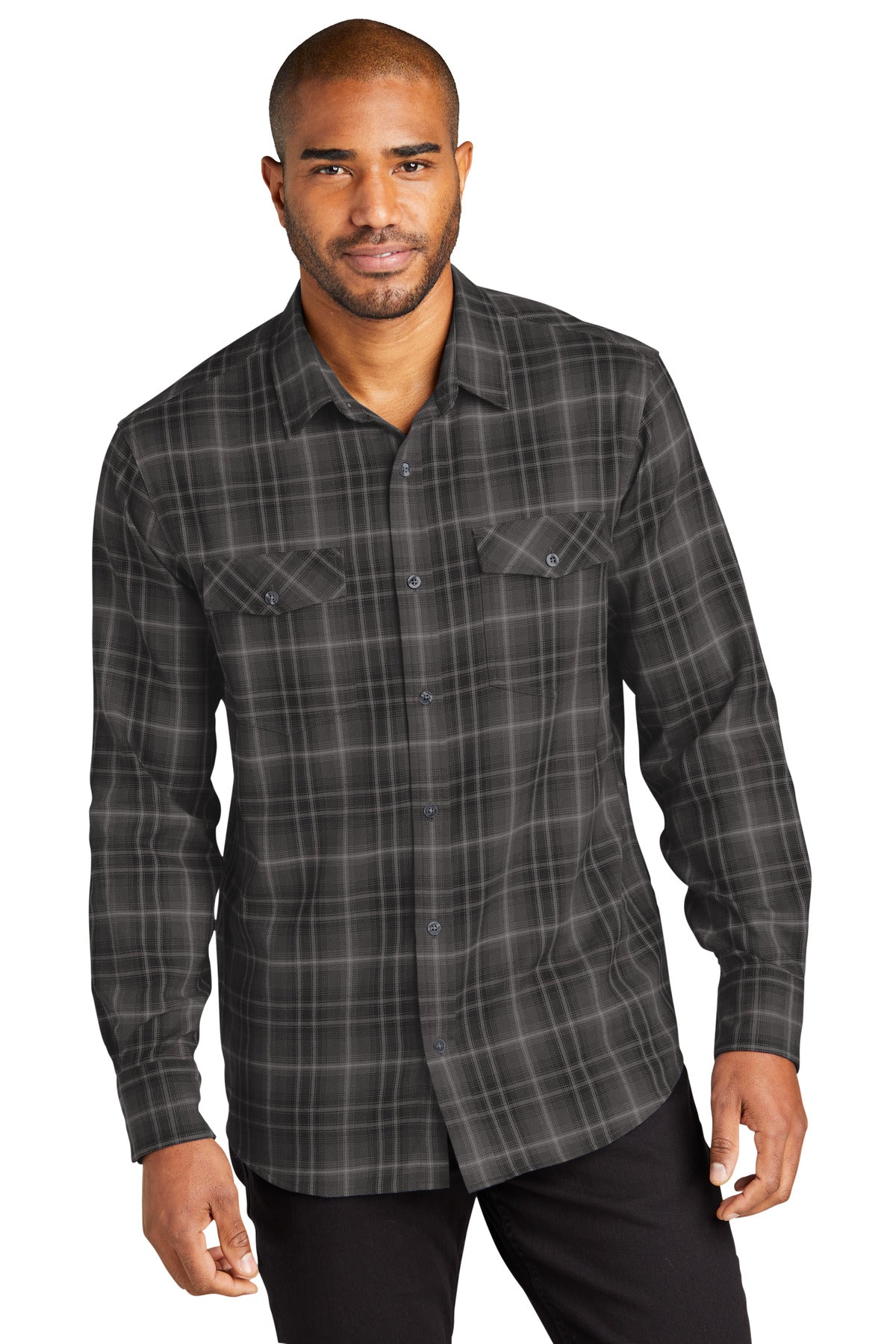 Front View of DeepBlack Port Authority Long Sleeve Ombre Plaid Shirt W672
