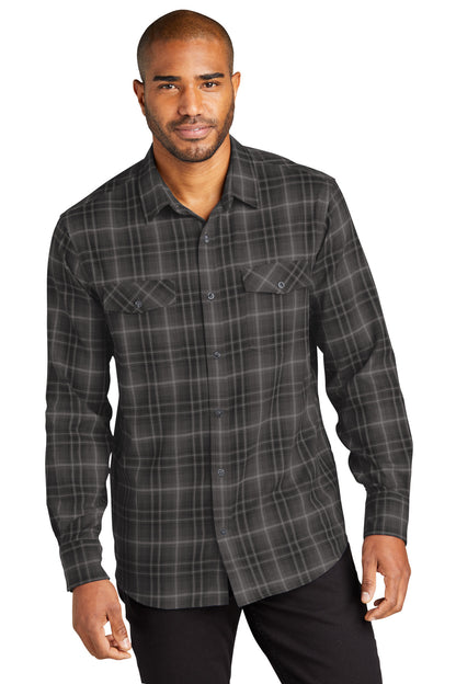 Front View of DeepBlack Port Authority Long Sleeve Ombre Plaid Shirt W672