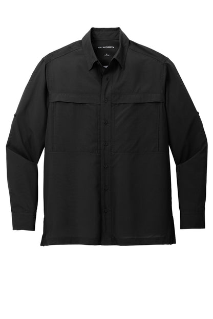 Front View of DeepBlack Port Authority Long Sleeve UV Daybreak Shirt W960