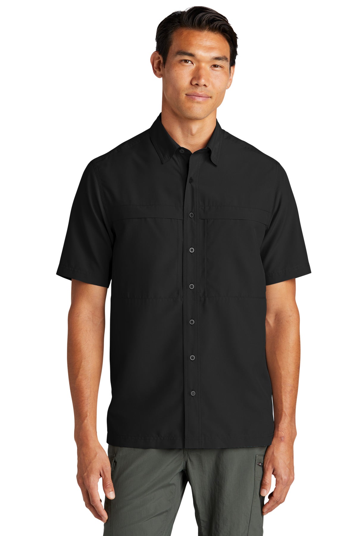 Front View of DeepBlack Port Authority Short Sleeve UV Daybreak Shirt W961