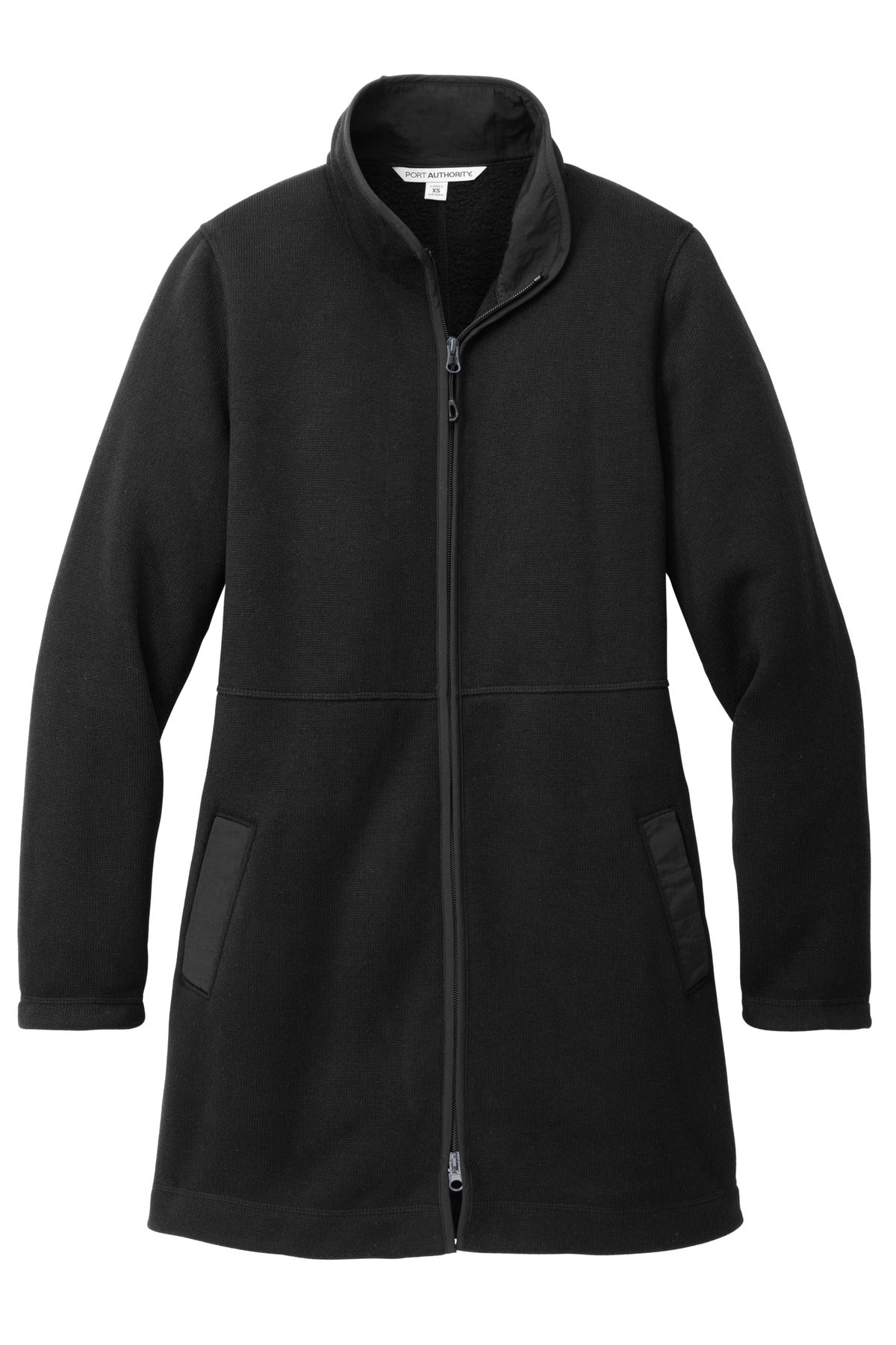 Front View of DeepBlack Port Authority Women's Arc Sweater Fleece Long Jacket L425