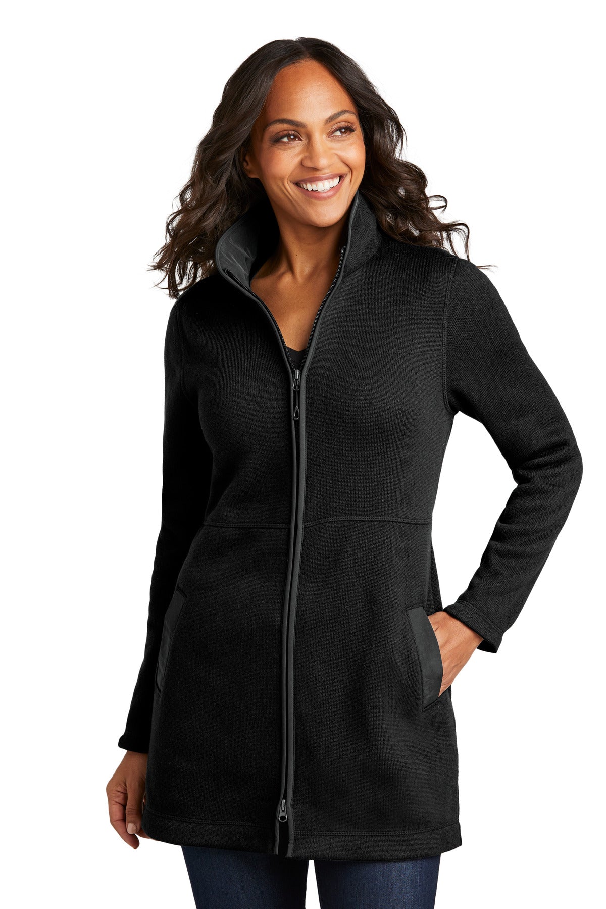Front View of DeepBlack Port Authority Women's Arc Sweater Fleece Long Jacket L425