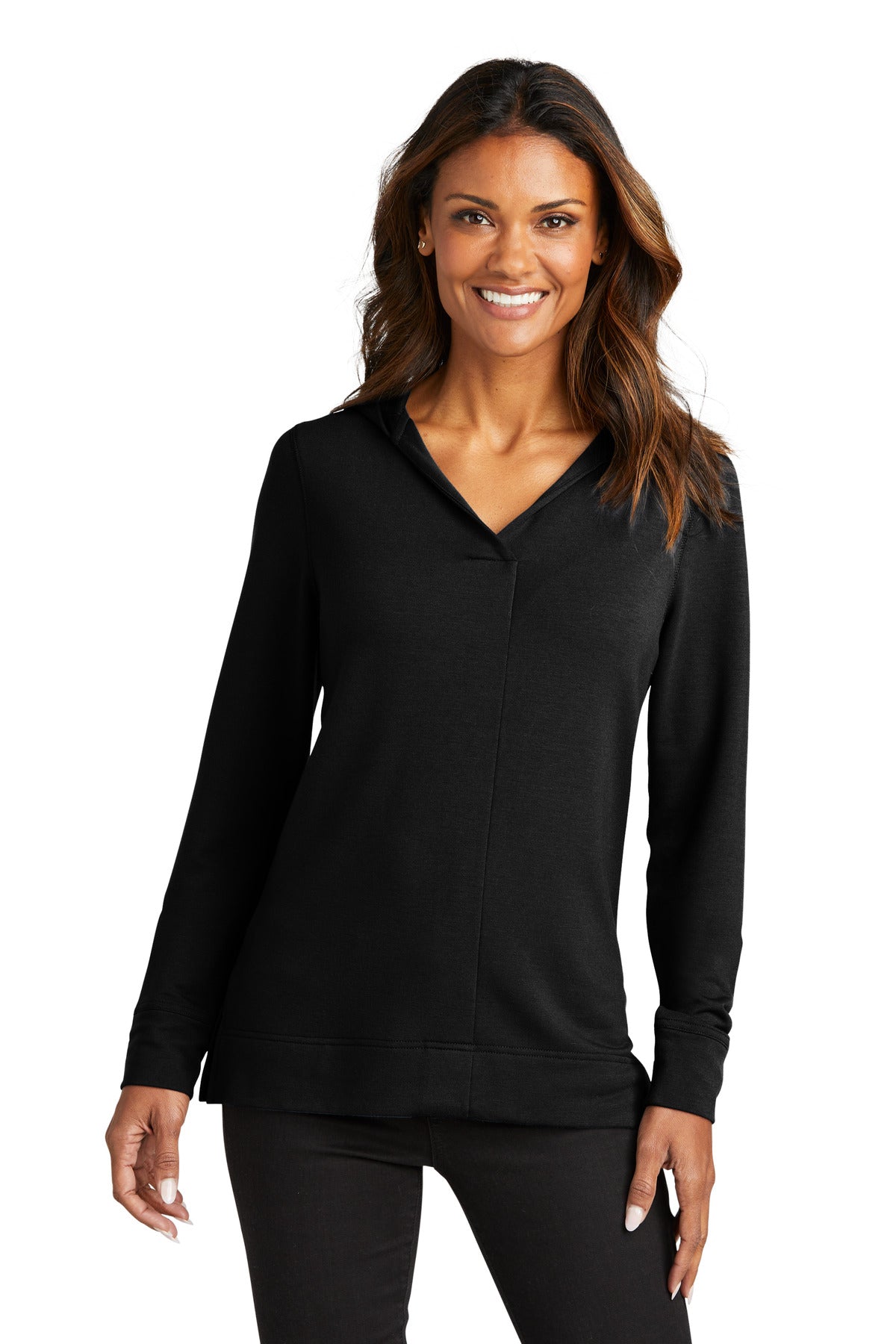Front View of DeepBlack Port Authority Women's Microterry Pullover Hoodie LK826
