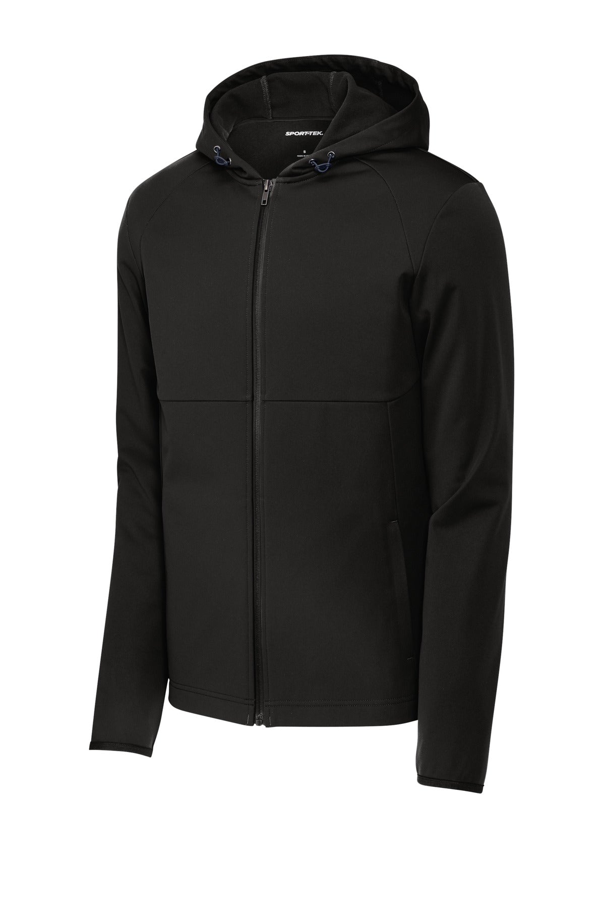 Front View of DeepBlack Sport-Tek Hooded Soft Shell Jacket ST980