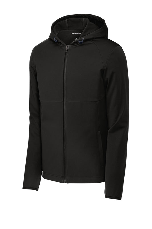 Front View of DeepBlack Sport-Tek Hooded Soft Shell Jacket ST980