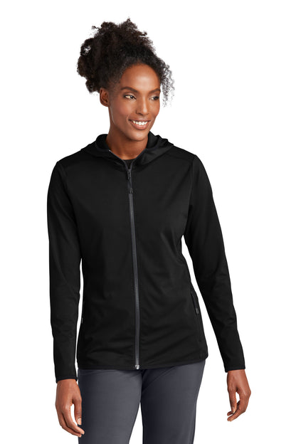 Front View of DeepBlack Sport-Tek Women's Circuit Hooded Full-Zip LST870