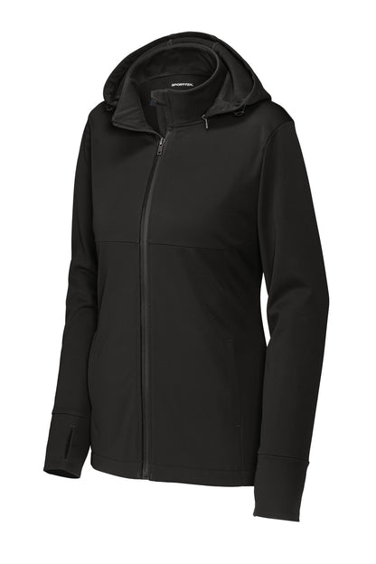 Front View of DeepBlack Sport-Tek Women's Hooded Soft Shell Jacket LST980